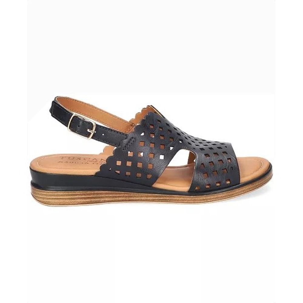 Tuscany by Easy Street Martella Navy Blue Laser Cut Wedge Sandals 6 WW Italy